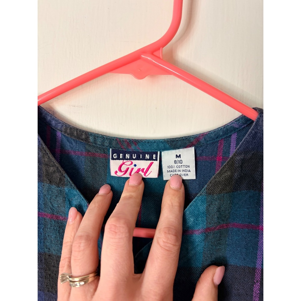 Genuine Girl Vintage Plaid‎ Dress Kids Medium 8/10 Teal Purple Cotton Button Up - Picture 3 of 4